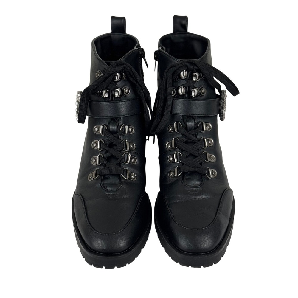 Black Moto Combat Boots Rhinestone Buckle Lug Sole Punk Biker Edgy Glam Size 8 - Picture 2 of 11